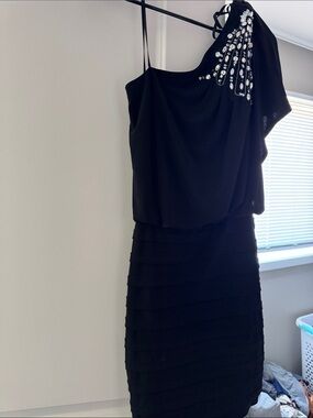 B Darlin Black One-Shoulder Cocktail Dress with Crystal Detail